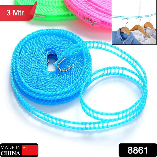 8861 3 Meters Windprood Anti-Slip Clothes Washing Line Drying Nylon Rope with Hooks, Durable Camping Clothesline Portable Clothes Drying Line Indoor Outdoor Laundry Storage for Travel Home Use (3 Mtr.)