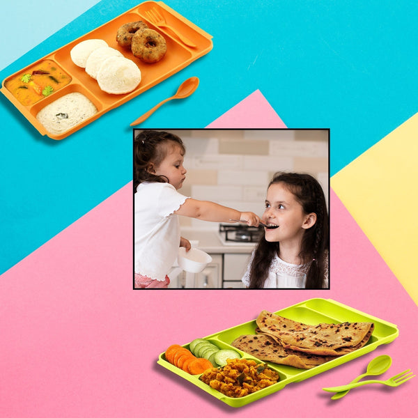 2037 4Compartment Dish with Spoon and Fork(2 Dish Set with 1Spoon and 1Fork) Dinner Plate Plastic Compartment Plate Pav Bhaji Plate 4-Compartments Divided Plastic Food Plate. DeoDap