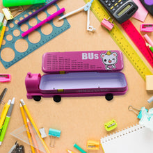 4568A Double Decker Magic Bus Compass 2 Layer Metal Bus Compass Pencil Case with Movable Wheels & Sharpener Bus Shape with Tiers Metal Pencil Box for Kids Birthday Party