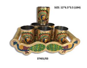 2125 Peacock Design Glass with Handle and Handicraft Serving Tray Set DeoDap