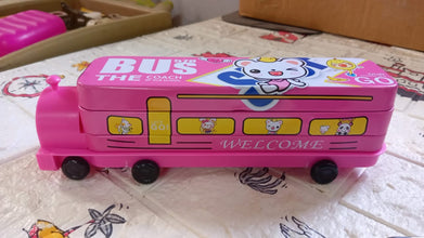 4568A Double Decker Magic Bus Compass 2 Layer Metal Bus Compass Pencil Case with Movable Wheels & Sharpener Bus Shape with Tiers Metal Pencil Box for Kids Birthday Party