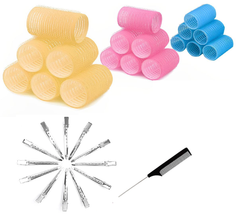 Cart2Add multicolored Hair Curler Rollers for Women, 6pcs Self Grip Magic Hair Roller Clips Hairdressing Kit for Long Medium Short Hair with 12 Bang Clips & 1 Comb